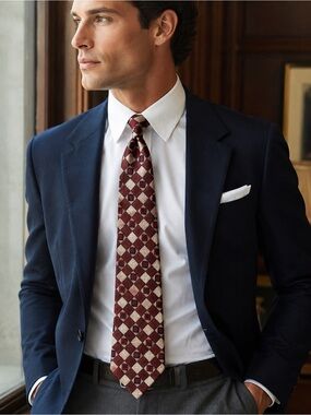 Oscar de la Renta Burgundy Geometric Silk Tie Red Cream Diamond Pattern